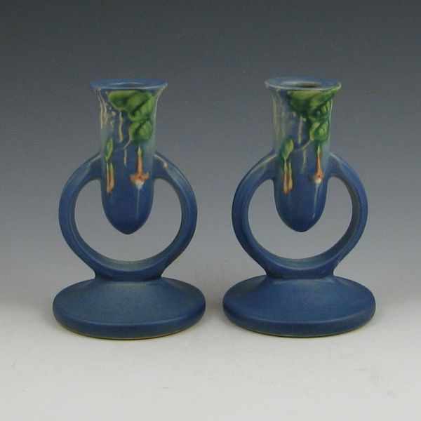 Appraisal: Pair of blue Roseville Fuchsia candleholders Marked Roseville - ''