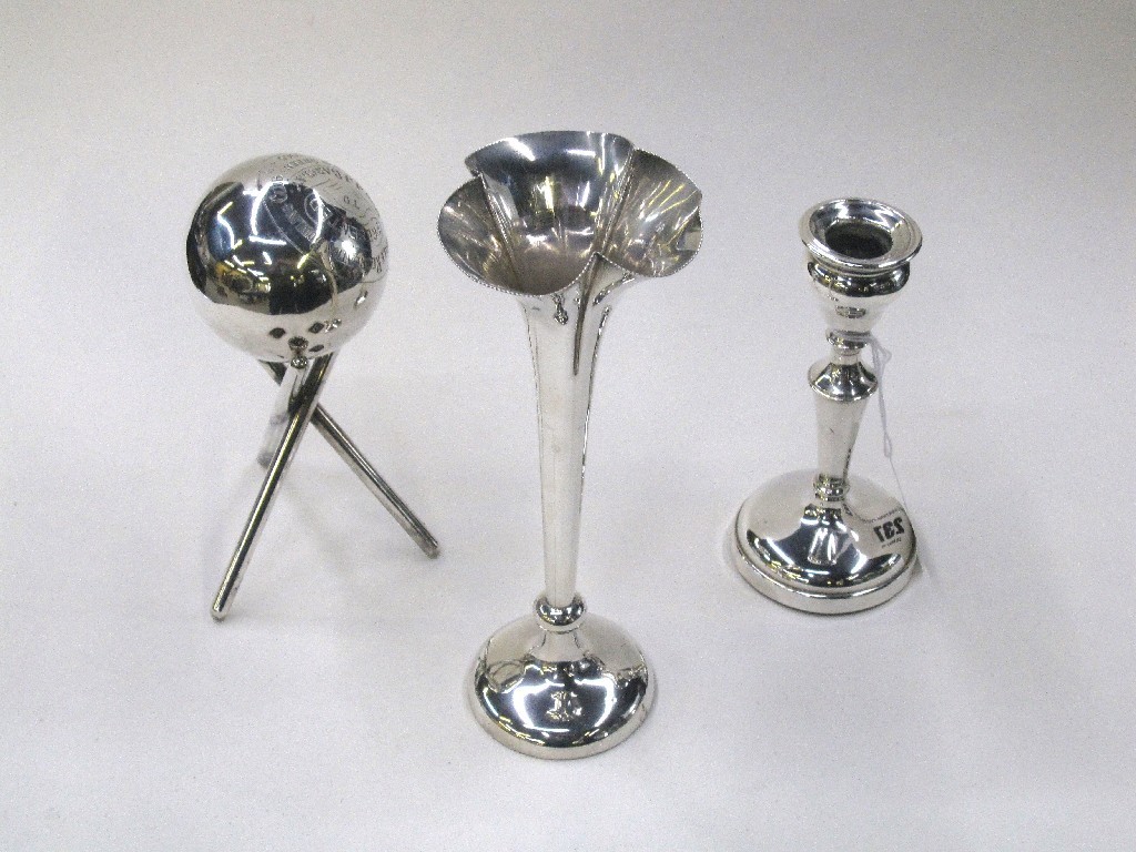 Appraisal: Lot comprising silver vase candlesticks and a bowling trophy assorted