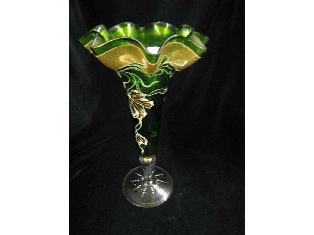 Appraisal: Victorian Green Art Glass Vase gold enameled floral trumpet form