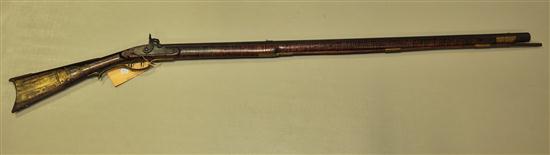 Appraisal: PERCUSSION RIFLE Fullstock curly maple caliber '' octagonal barrel brass