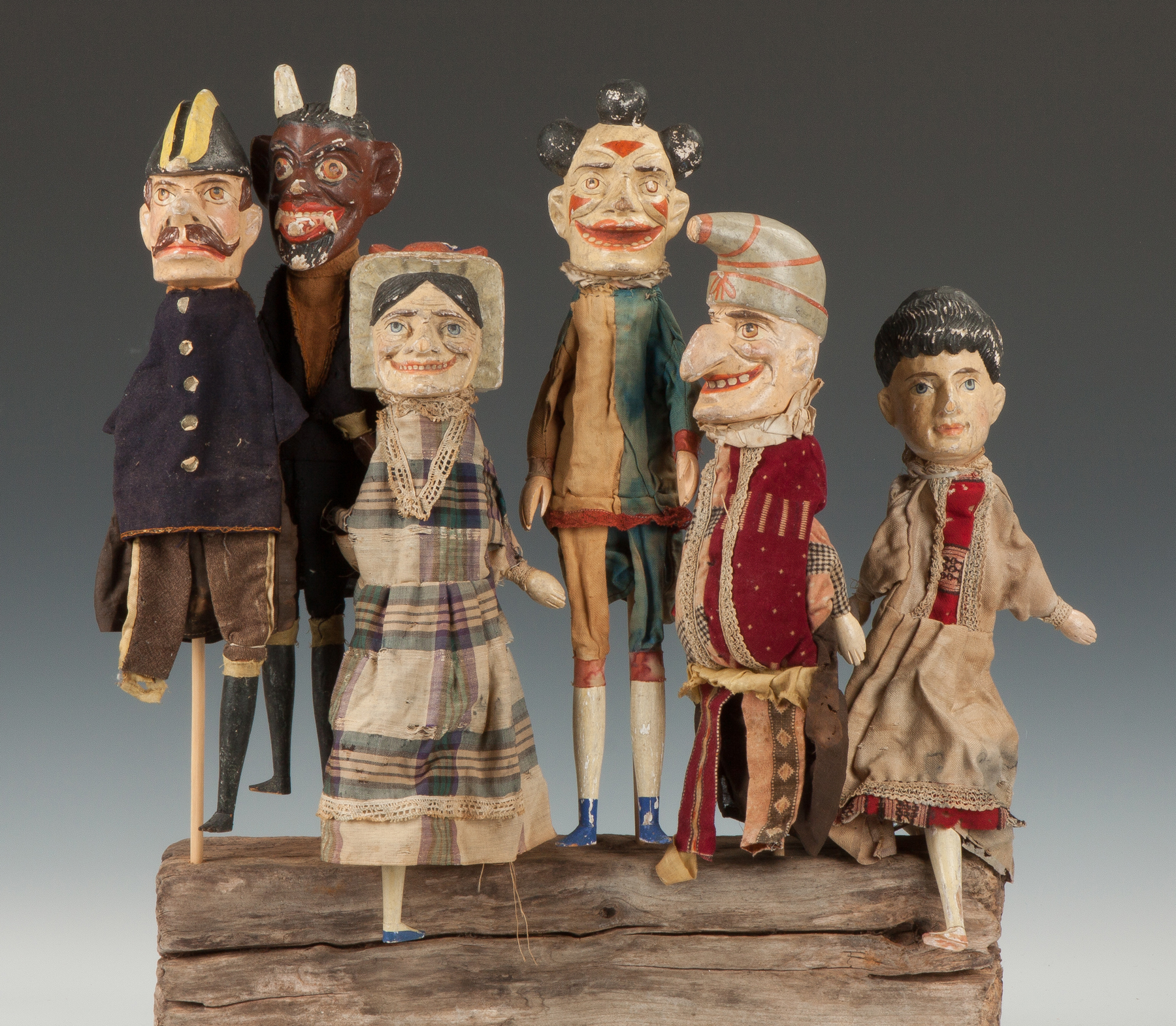 Appraisal: Six Carved Painted Punch Judy Puppets C