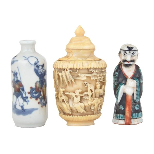 Appraisal: Three Snuff Bottles th Century One ivory with women at