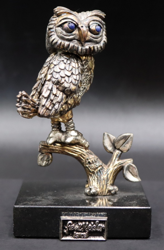 Appraisal: FRANK MEISLER SILVER AND GOLD PLATED OWL SCULPTURE Signed Frank