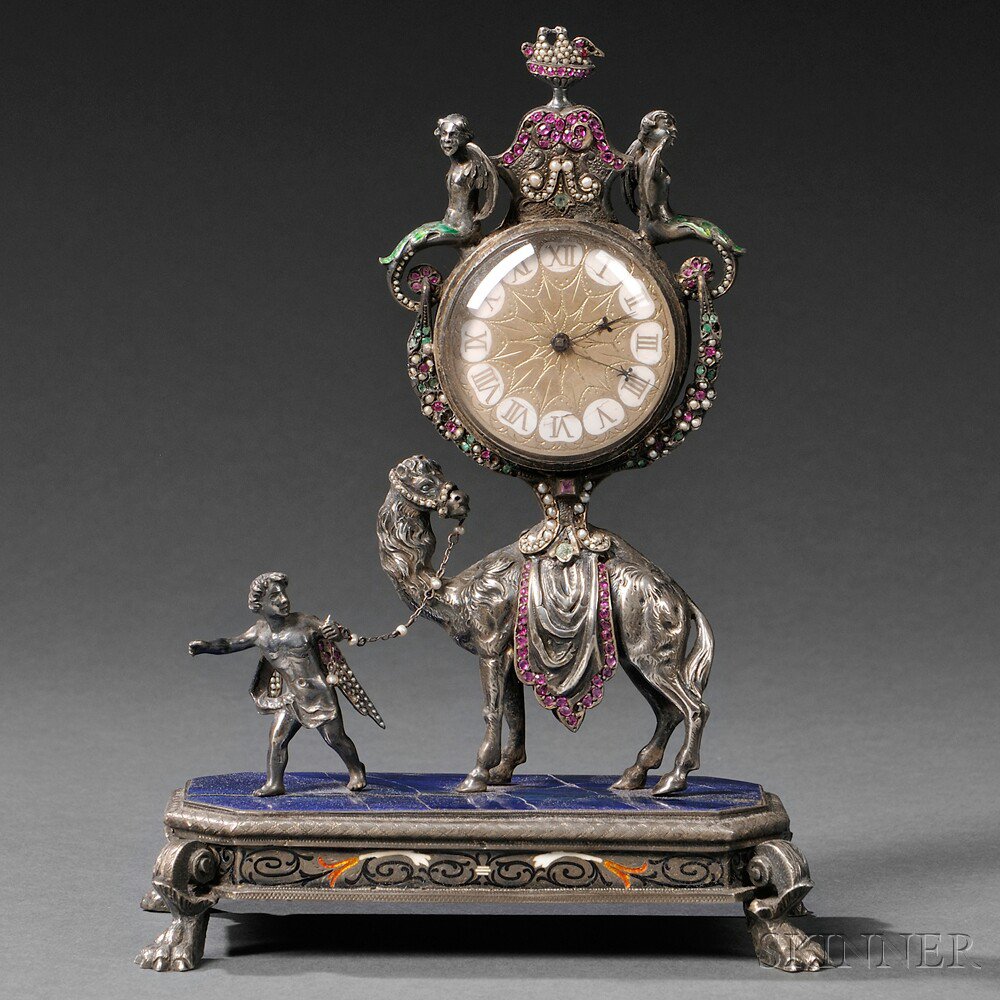 Appraisal: Viennese Silver Enamel and Jeweled Camel-form Clock Austria late th