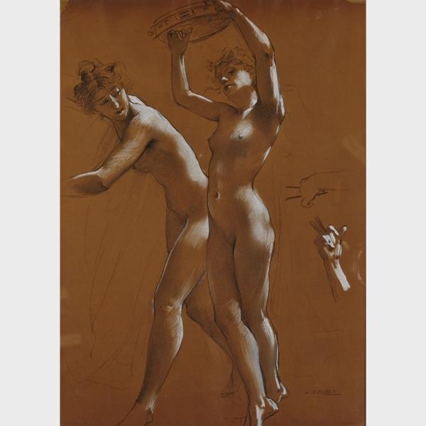 Appraisal: Antoine Calbet - TAMBOURINE DANCE French Charcoal drawing heightened with