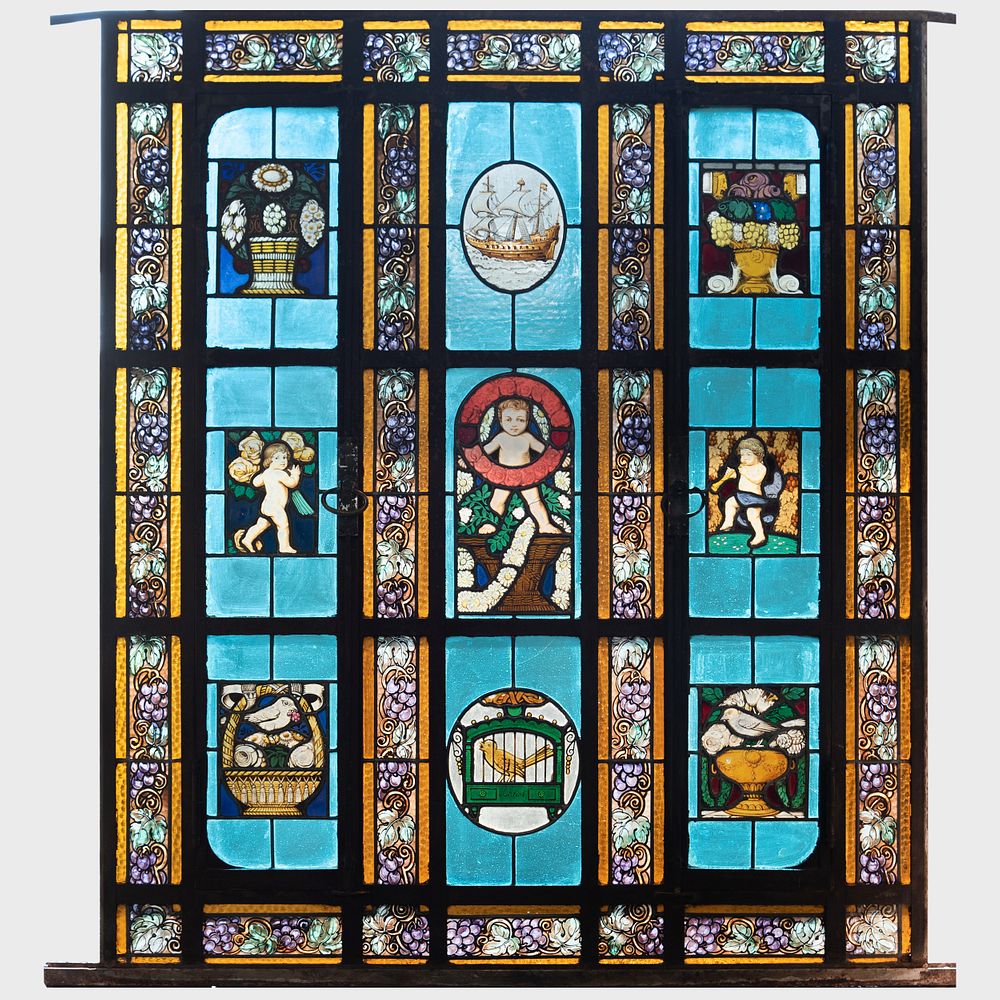 Appraisal: Three Stained Glass and Enameled Windows Comprising A pair decorated