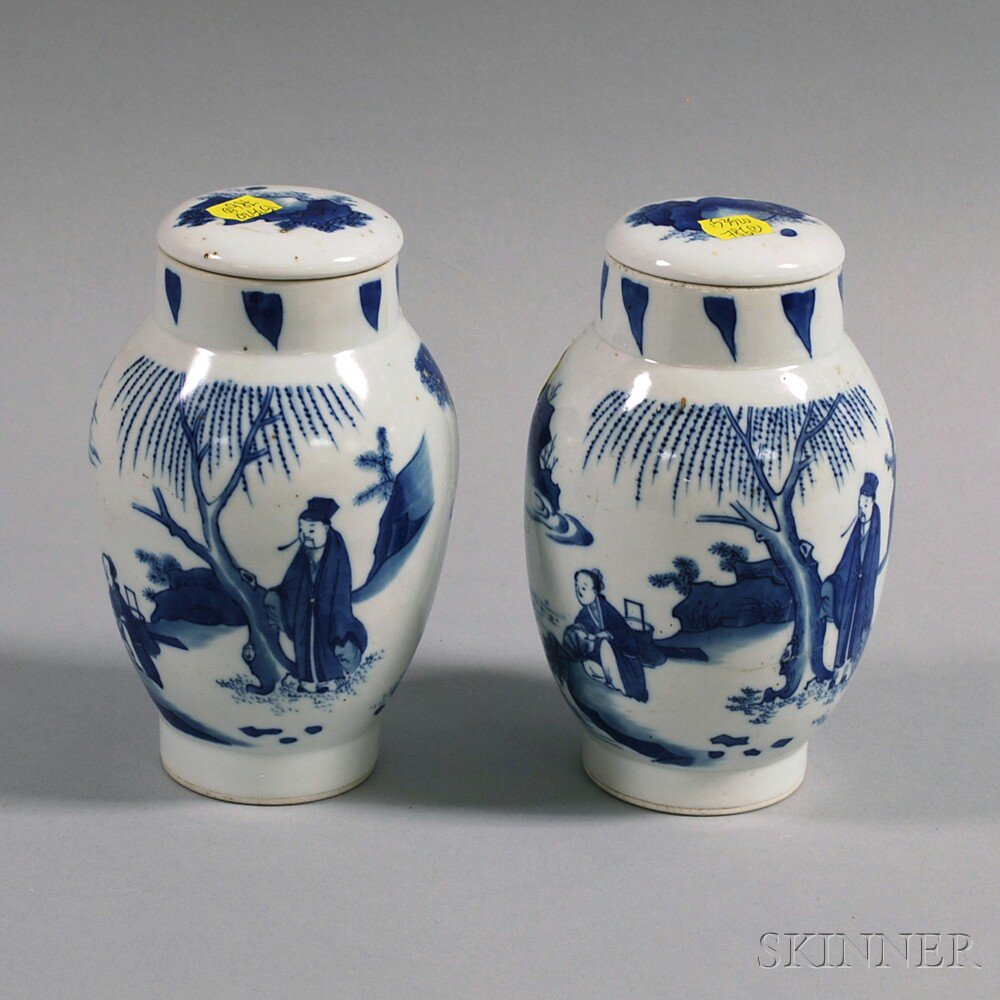 Appraisal: Pair of Blue and White Covered Jars China possibly Qing