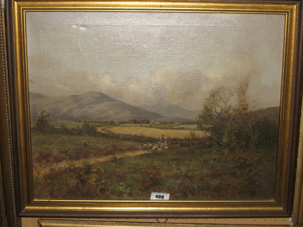 Appraisal: Oil on canvas landscape with a shepherd and sheep indistinctly