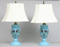 Appraisal: Pair of Bristol Glass Lamps British th Century Pair of