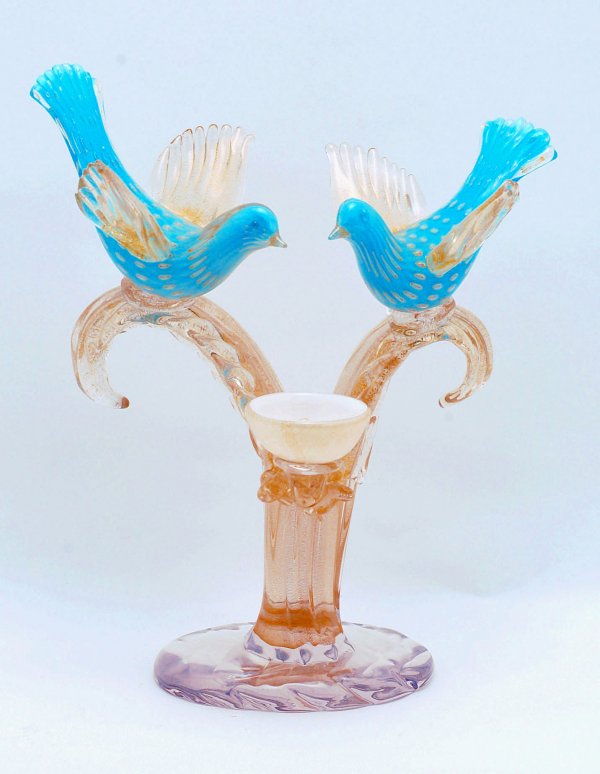 Appraisal: Murano glass sculpture two blue and gold birds standing on