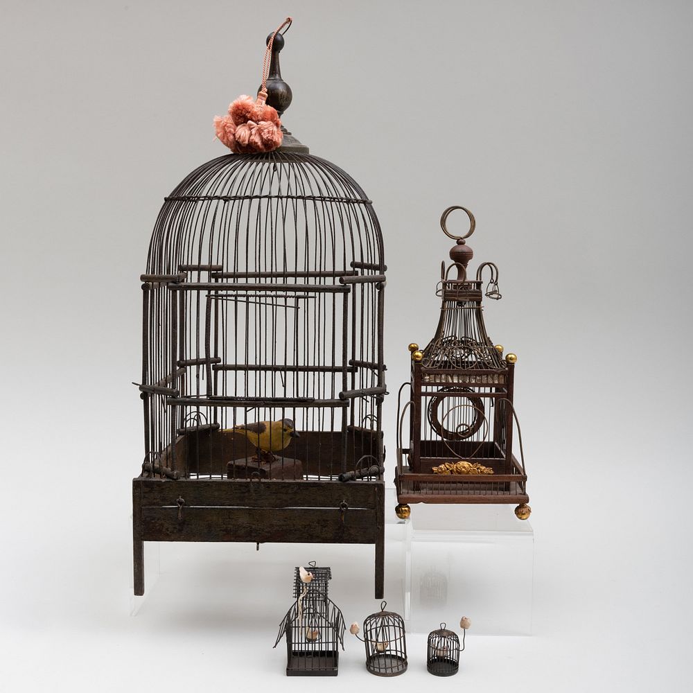 Appraisal: Five Wood and Wire Folk Art Birdcages of Varying Size