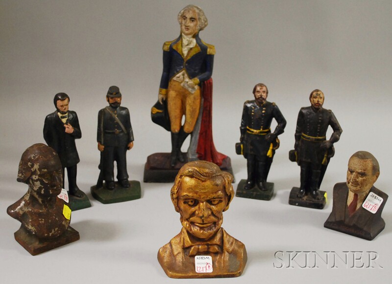 Appraisal: Eight Painted Cast Iron Historical Figural Doorstops including busts of