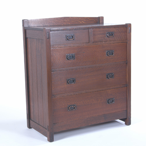 Appraisal: GUSTAV STICKLEY Early five-drawer chest with chamfered sides extensive through