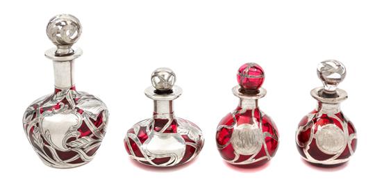 Appraisal: Sale Lot Four Silver Overlay Glass Perfume Bottles each with