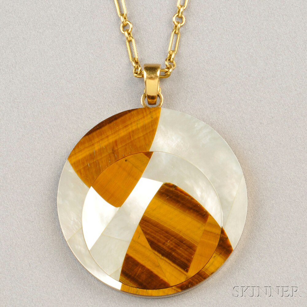 Appraisal: kt Gold Mother-of-pearl and Tiger's-eye Pendant Bulgari inlaid with mother-of-pearl