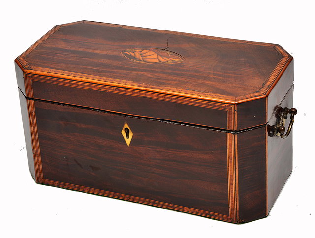 Appraisal: A GEORGIAN MAHOGANY RECTANGULAR TEA CADDY with shell inlay and