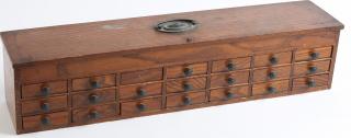 Appraisal: Antique Oak Carpenter's Portable Storage Box Slots for tiny glass