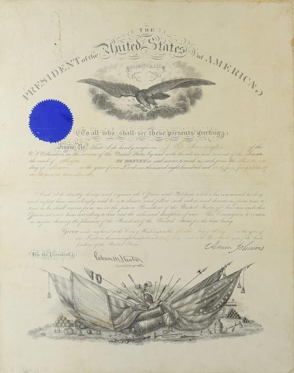 Appraisal: Andrew Johnson War Commission Document Military appointment commission's document with