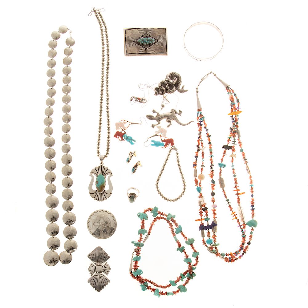 Appraisal: A Collection of Sterling Native American Jewelry Including large turquoise