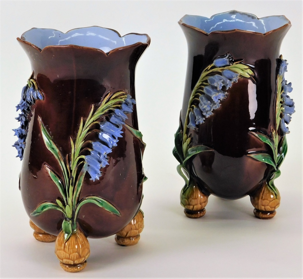 Appraisal: PR MINTON MAJOLICA AESTHETIC TRIPOD FLOWER VASES England Early th