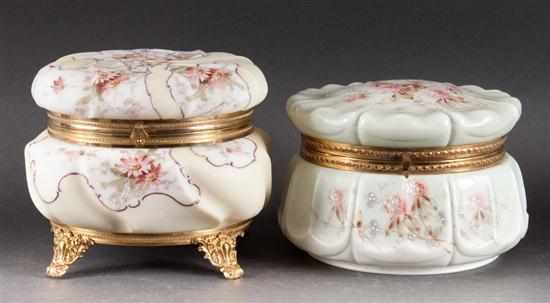 Appraisal: Two Wavecrest gilt-metal-mounted floral painted milk glass jewelry boxes late