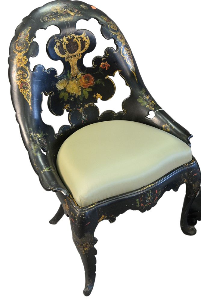 Appraisal: Black Lacquered Chair with rounded back painted flower design height