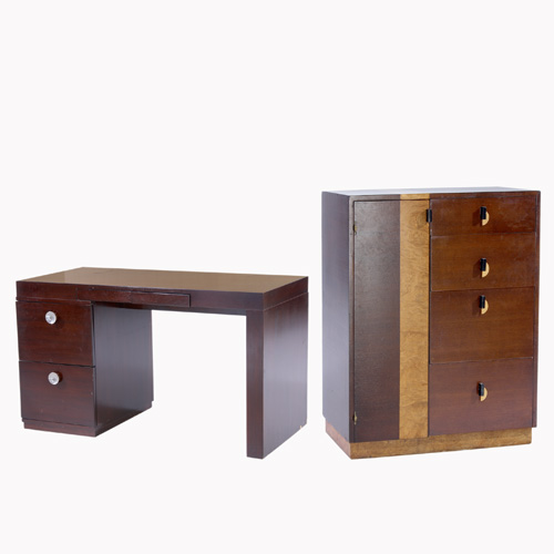 Appraisal: GILBERT ROHDE Gentleman's chest in two-tone burl and mahogany and