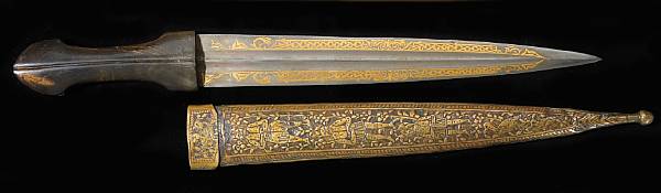 Appraisal: A gold-damascened qama th century Straight inch double edged blade