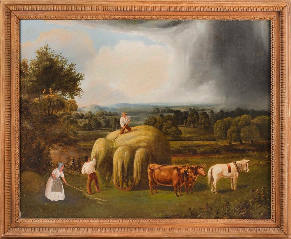 Appraisal: AMERICAN SCHOOL TH CENTURY HAYING SCENE OIL ON CANVAS X