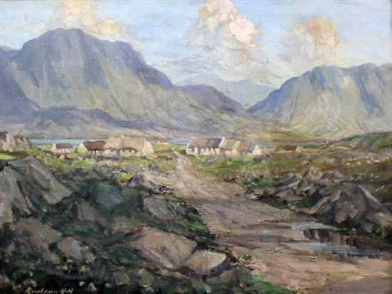 Appraisal: Rowland Henry Hill - oil on canvas Cottages in Connemara