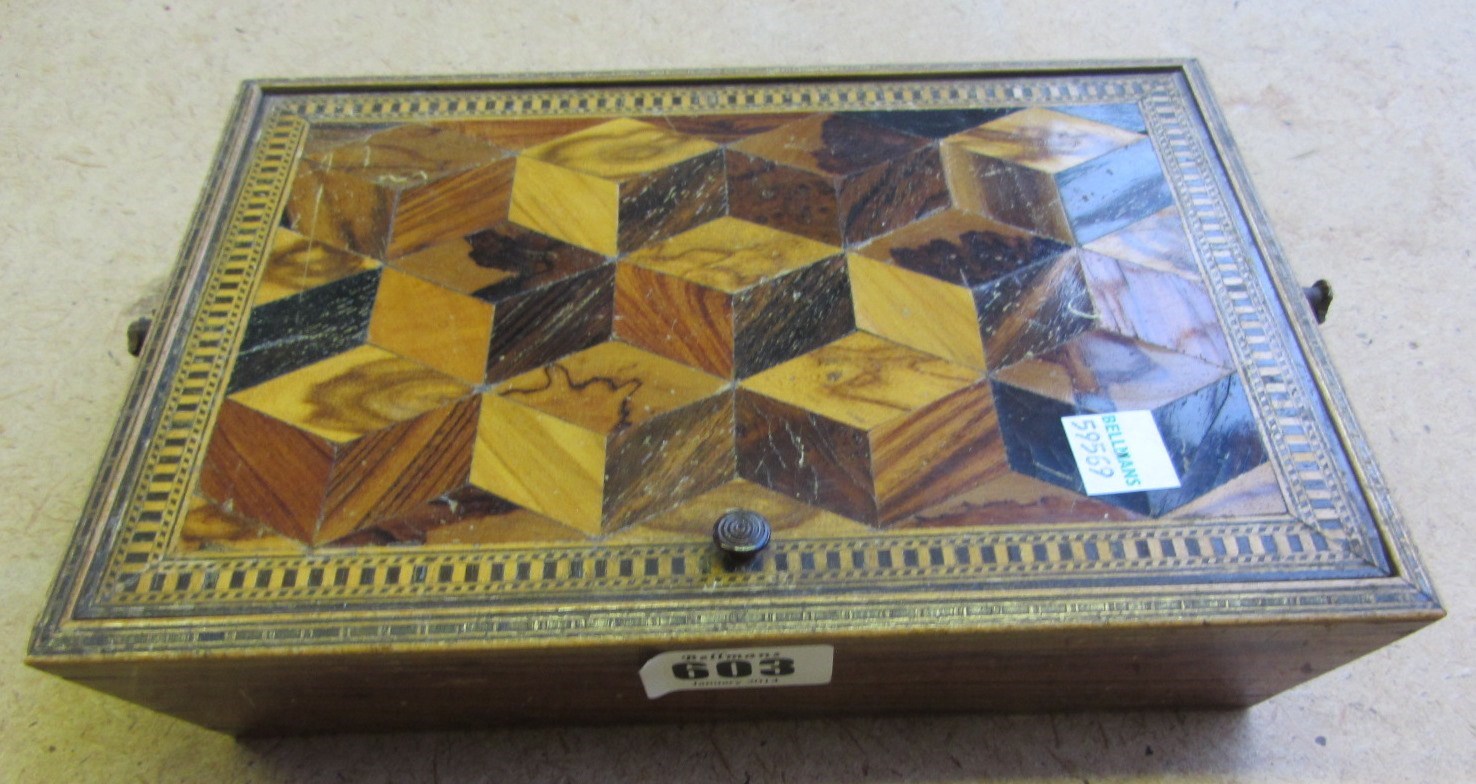 Appraisal: A th century specimen wood deceptive cube parquetry inlaid shallow