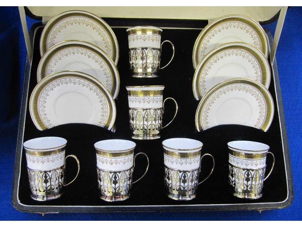 Appraisal: Cased set of six Shelly coffee cans in silver mounts