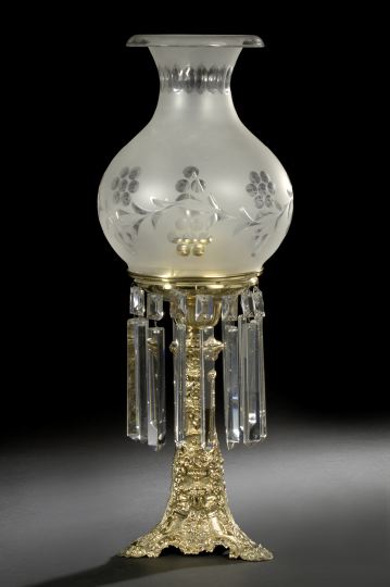 Appraisal: American Gilt-Lacquered Brass and Prism-Hung Solar Lamp mid- th century