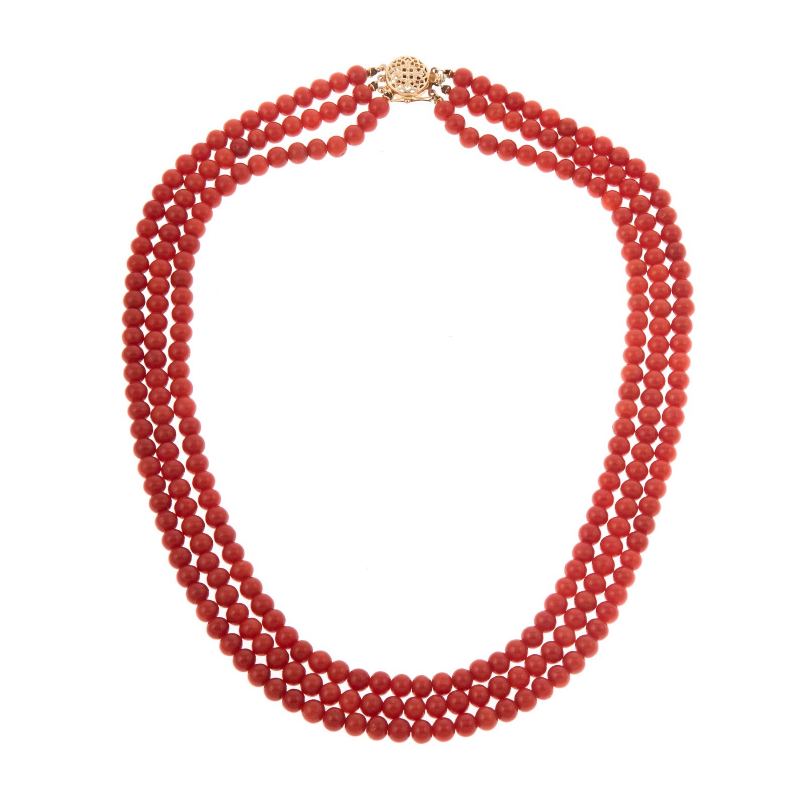 Appraisal: A TRIPLE STRAND OF CORAL BEADS WITH GIA REPORT Triple