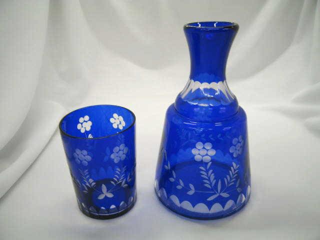 Appraisal: Cobalt Cut-to-Clear Bedside Tumble-Up Decanter floral decor tall