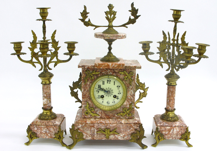 Appraisal: FRENCH -PIECE MARBLE CLOCK GARNITURE SET consisting of a pink