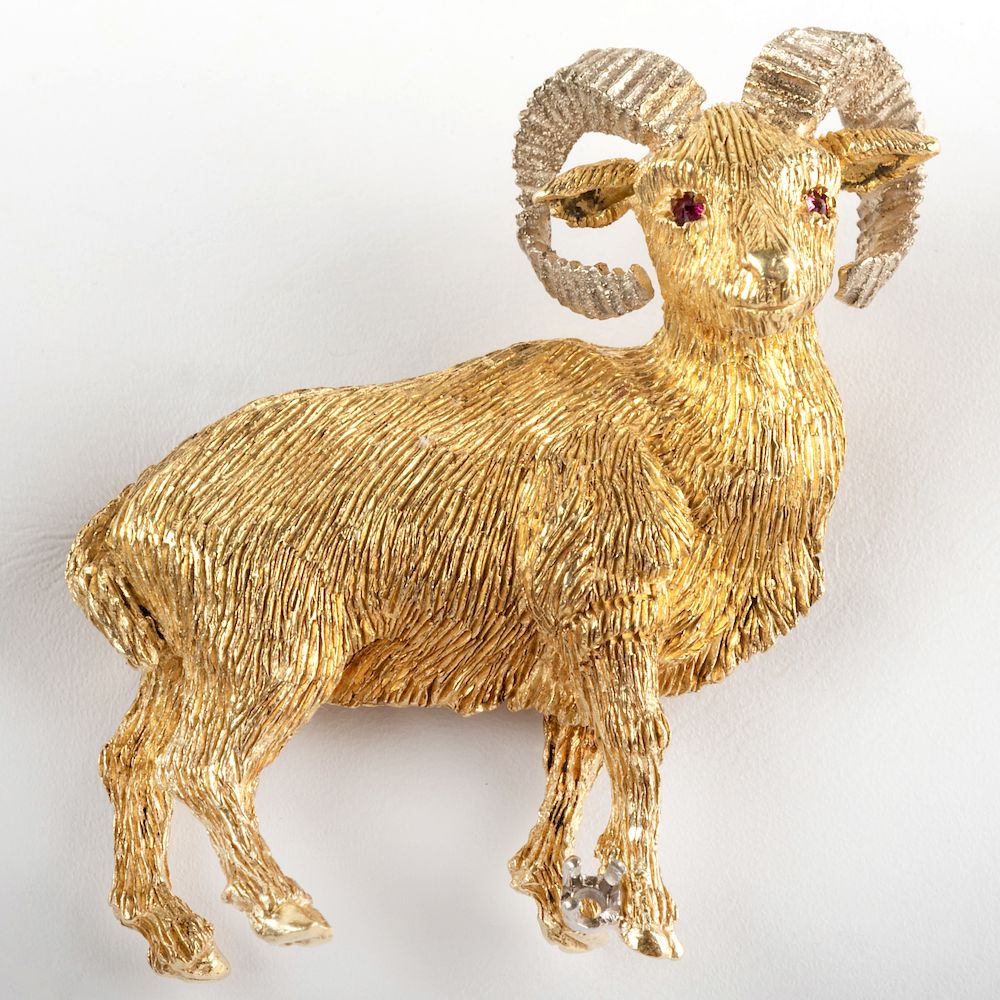 Appraisal: K Yellow and White Gold Ram Brooch K Yellow and