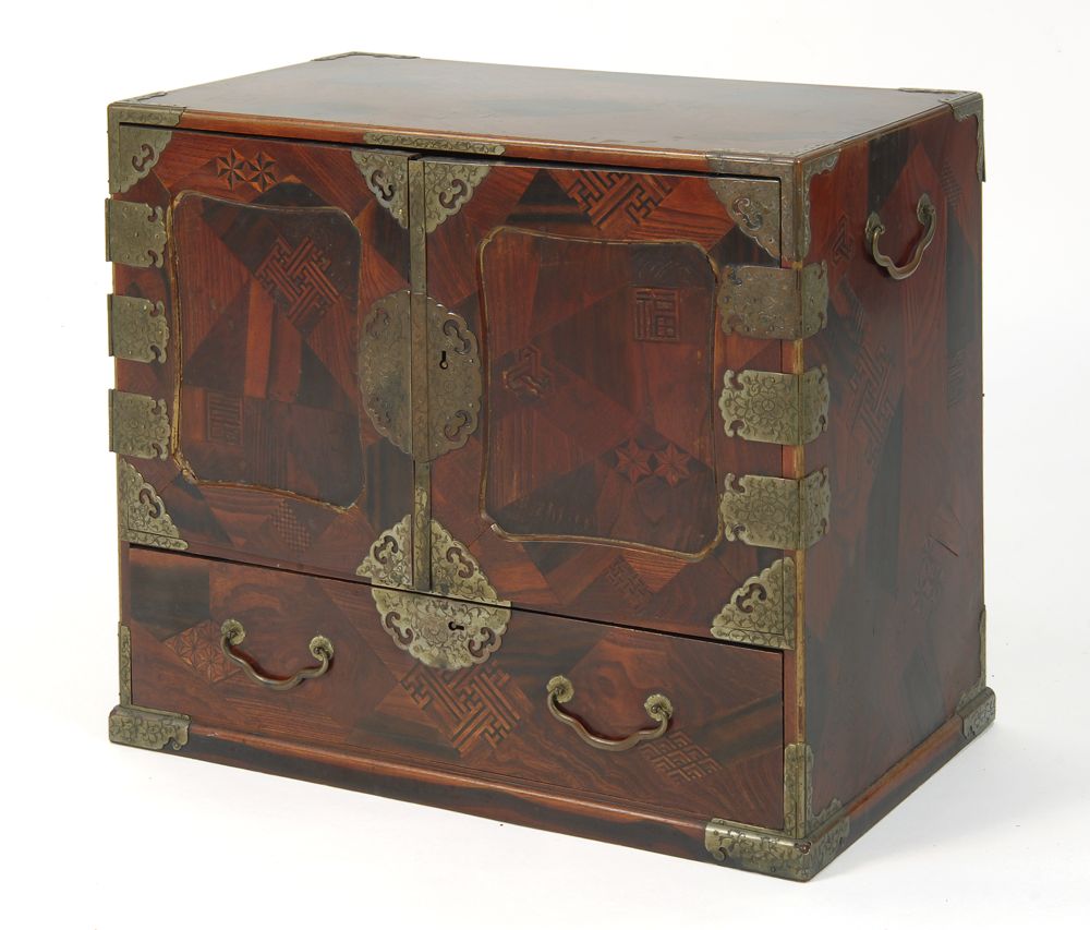 Appraisal: JAPANESE INLAID LACQUER TWO-DOOR CABINET th CenturyWith wood veneers and