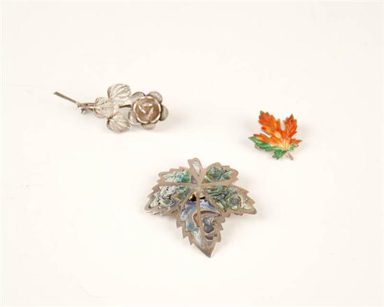 Appraisal: Three Sterling Brooches to Include a filigree rose an enameled