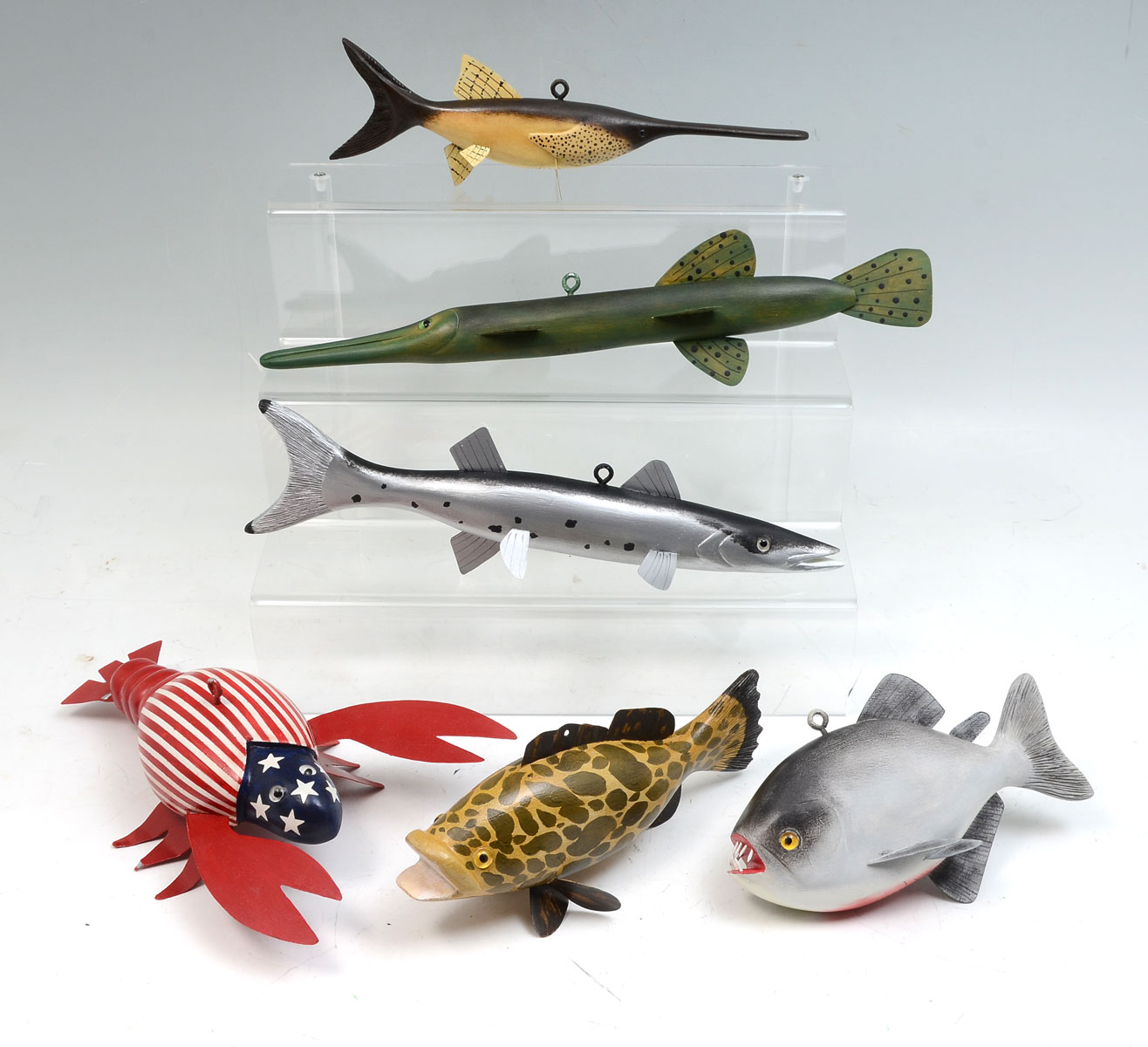 Appraisal: SIX RICHARD ADDIS HAND-CARVED AND PAINTED FISH DECOYS To Include