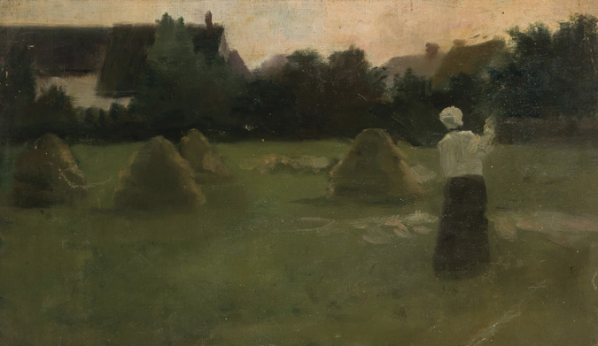 Appraisal: AMERICAN SCHOOL Circa Haystacks Woman Landscapes works oil on canvas