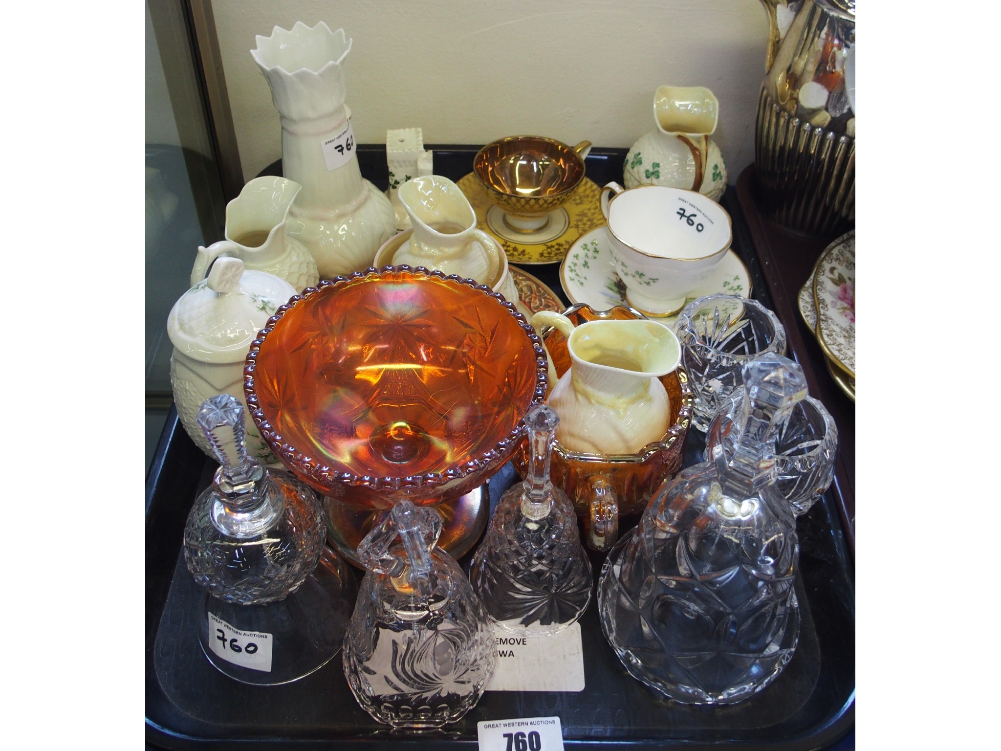 Appraisal: Tray comprising cut glass bells four Belleek creamers sugar bowl