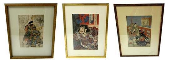 Appraisal: ASIAN Three framed Japanese woodblock prints featuring warriors first one