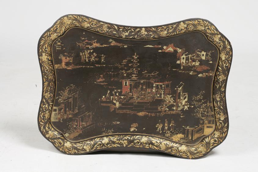 Appraisal: A CHINESE EXPORT BLACK LACQUER TRAY of shaped rectangular form