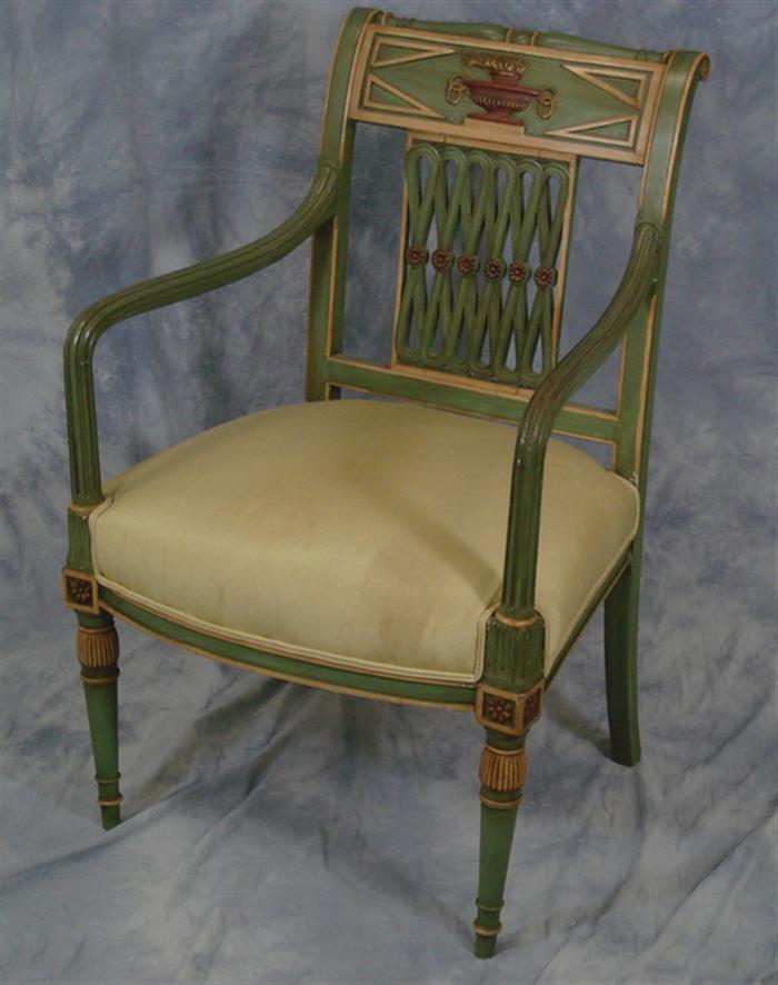 Appraisal: Carved painted French style armchair th c h Estimate -