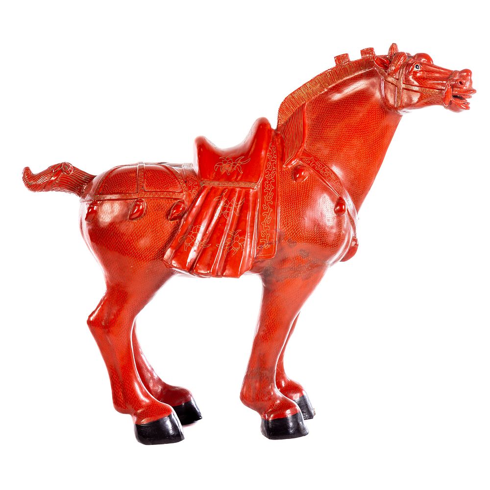 Appraisal: Large Tang Style Lacquer Horse With cement weighted feet in