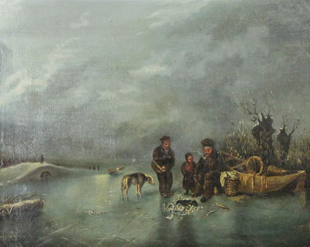 Appraisal: TH CENTURY ICE FISHING Oil on canvas x in Framed