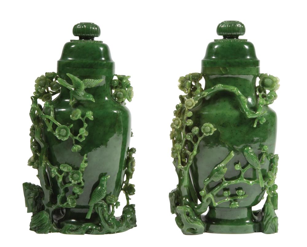 Appraisal: Pair of Chinese Spinach Green Jade Covered Vases baluster bodies