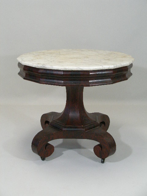 Appraisal: Empire Marble Top Center Table American c crotch mahogany veneers