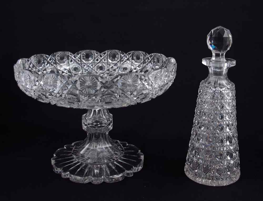 Appraisal: BRILLIANT PERIOD CUT GLASS COMPOTE AND BOTTLE Cane motif bottle